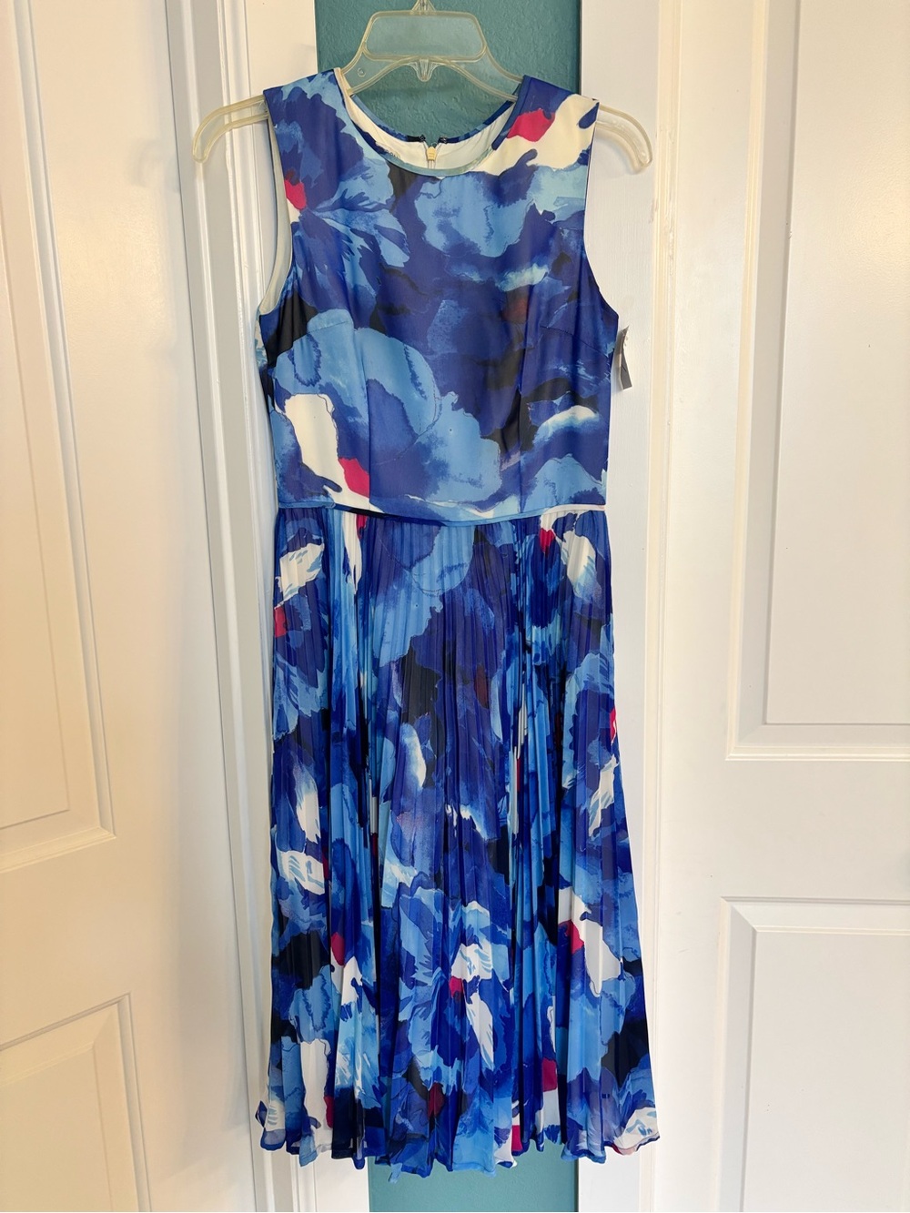 Maggy London Blue Floral Pleated Midi Dress with White and Pink Accents